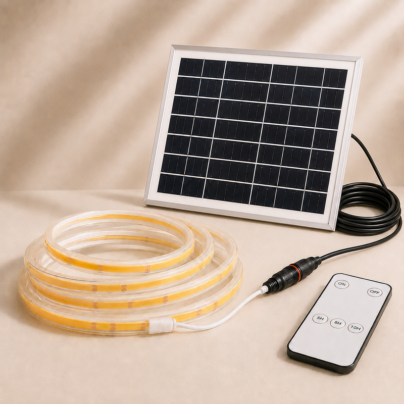 Warm white solar COB LED strip light kit with solar panel, waterproof connector, long extension cable, and remote control for outdoor lighting | NoxLumin