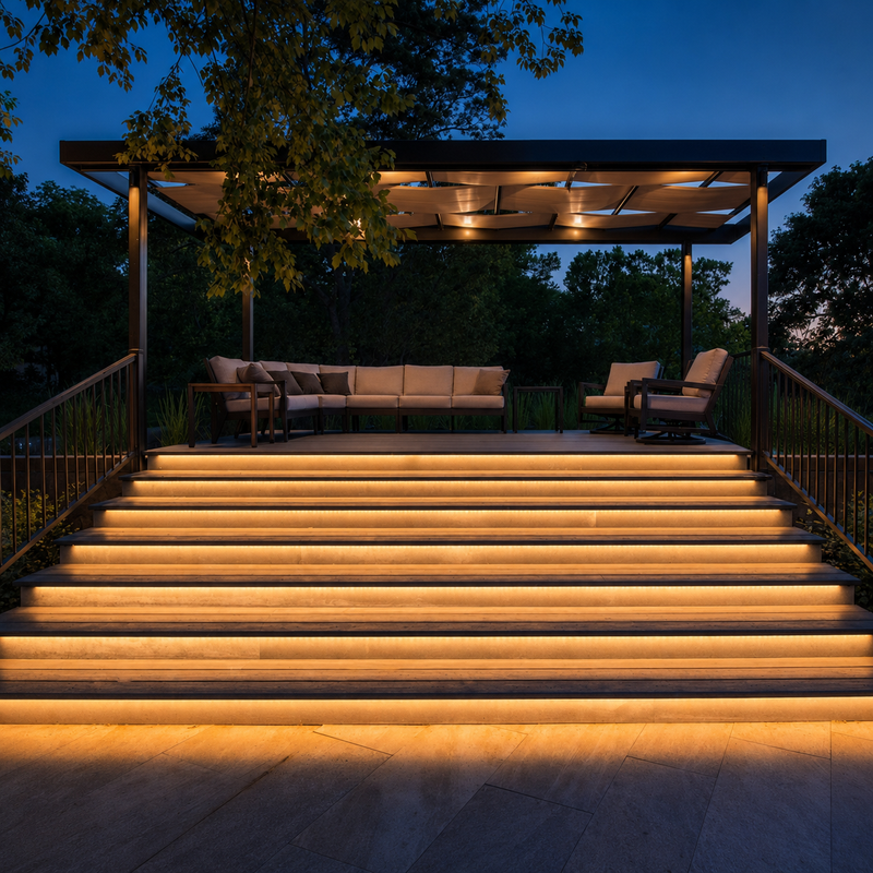 Warm-white solar COB LED strip lighting installed beneath patio steps leading to a covered backyard seating area at dusk | NoxLumin