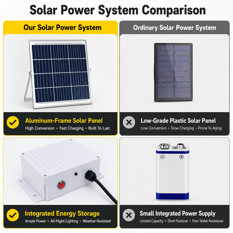 Comparison of our aluminum-frame solar panel and integrated energy storage system versus an ordinary plastic panel and small power supply | NoxLumin