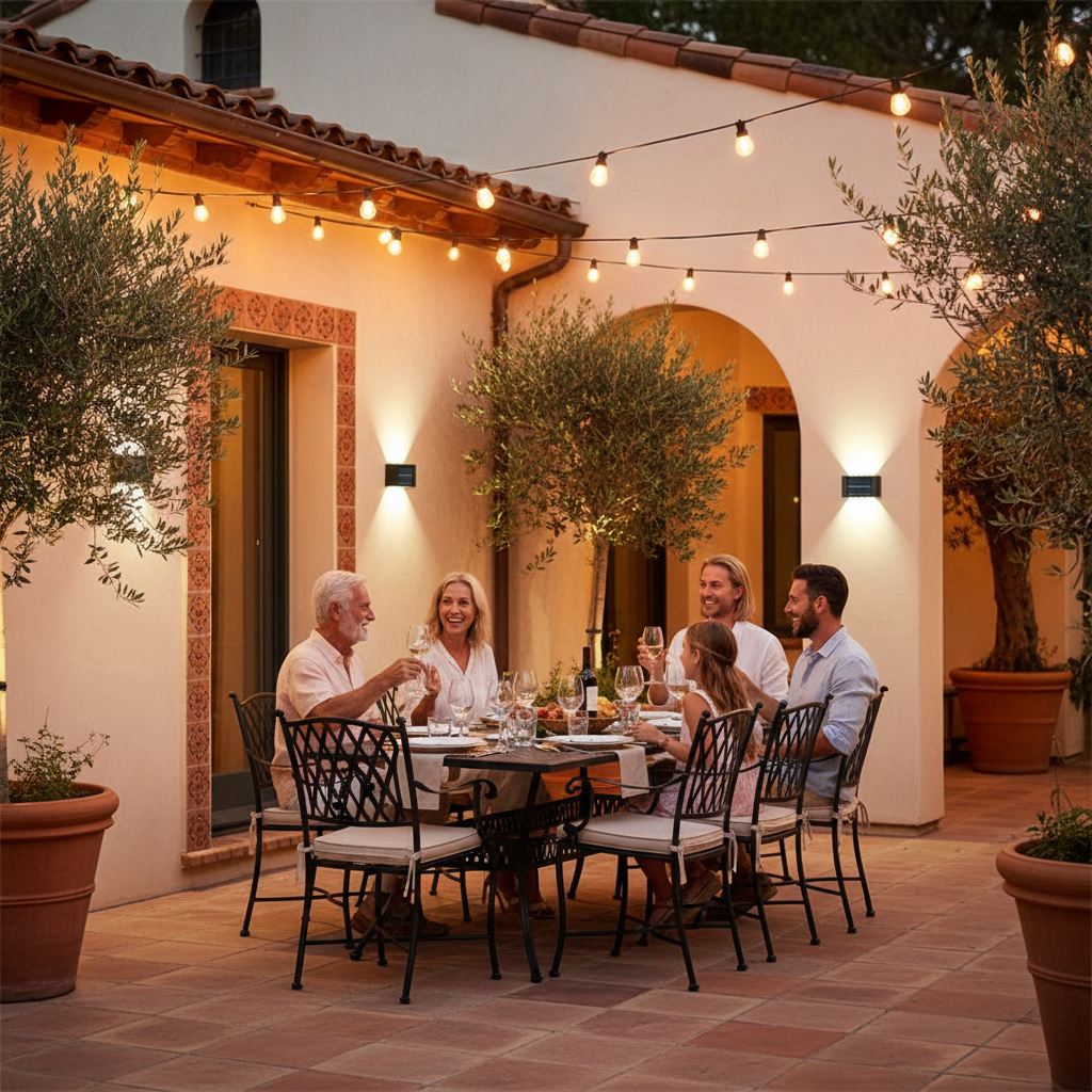 Solar decorative wall lamps on Mediterranean villa outdoor dining area | NoxLumin