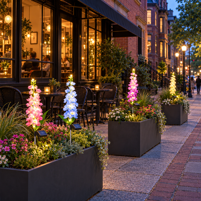 Colorful solar delphinium flower stake lights placed among living plants in separate deep planters outside a Boston brick-front cafe at blue hour, with exposed silver stems and upward-facing solar panels.