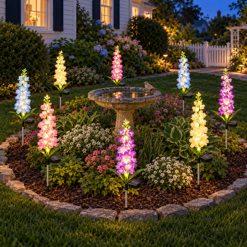 Solar delphinium flower stake lights arranged around a circular garden bed and stone birdbath outside a New England cottage at dusk.
