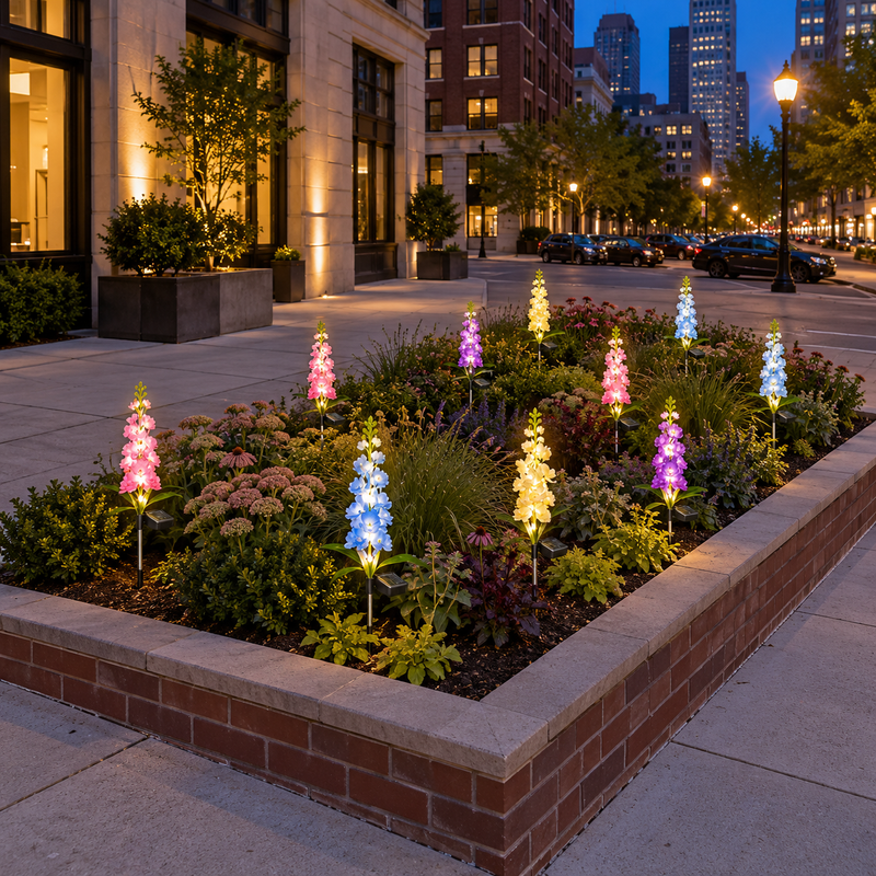 Colorful solar delphinium flower stake lights scattered among perennials in a raised brick city flowerbed beside a wide sidewalk and downtown Chicago buildings at blue hour.