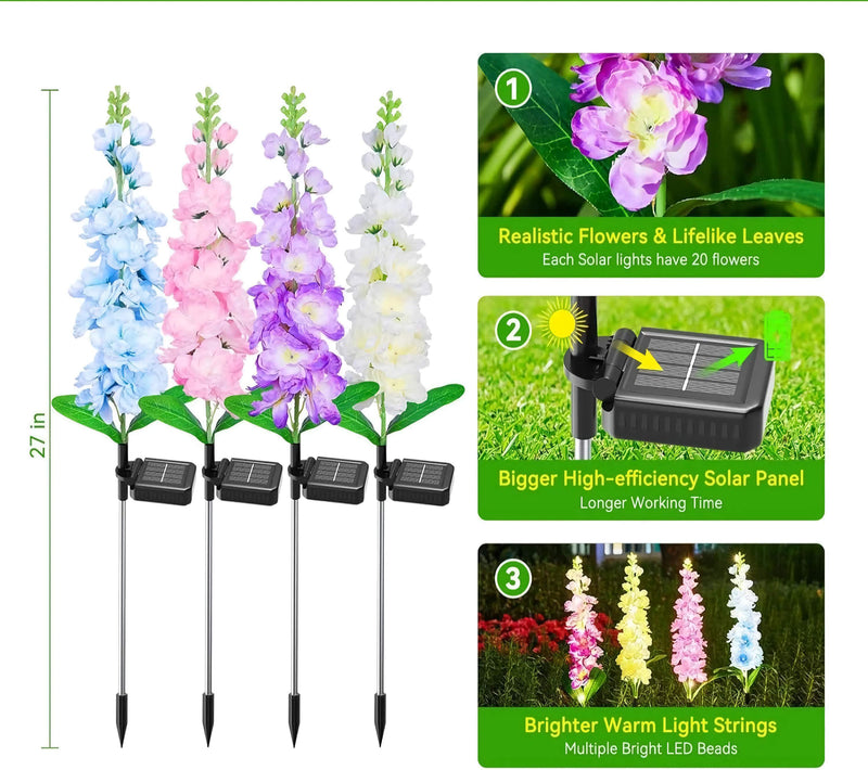 Decorative solar delphinium flower lights illuminating an outdoor landscape with tall glowing blossoms at night
