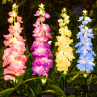 Luz solar de flor delphinium con flores iluminadas y estaca verde para decoración paisajística exterior