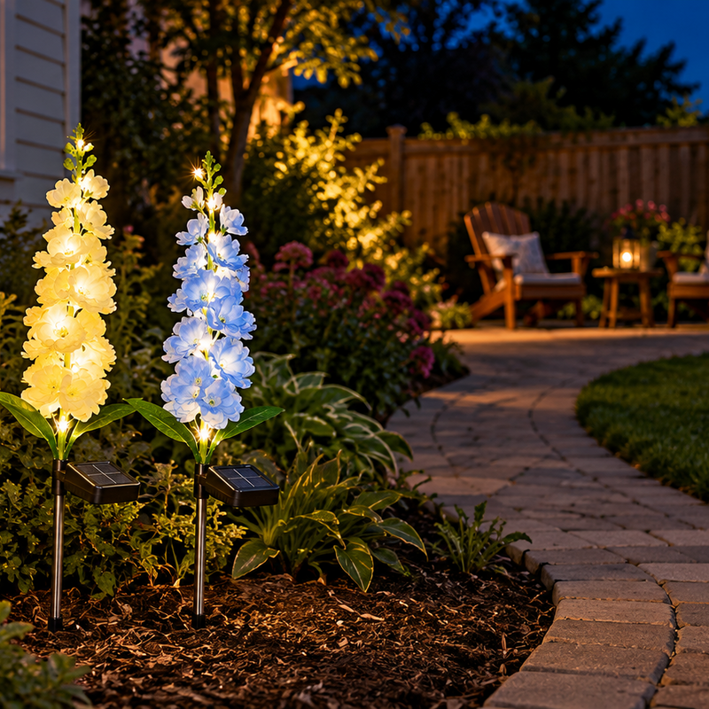 Four solar delphinium flower stake lights in pink, purple, warm cream and pale blue beside a paver walkway in an American backyard at night, with upward-facing solar panels and exposed silver stems.