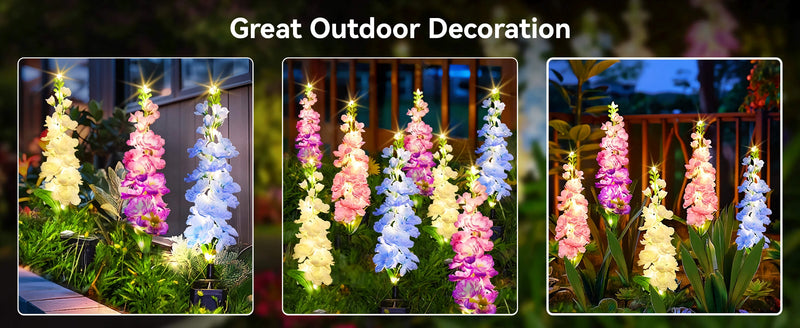 Solar delphinium flower lights adding illuminated floral accents along a landscaped garden border after dark