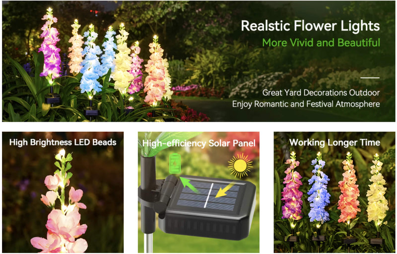 Solar delphinium flower lights glowing in a residential patio garden to add colorful decorative accents after dark
