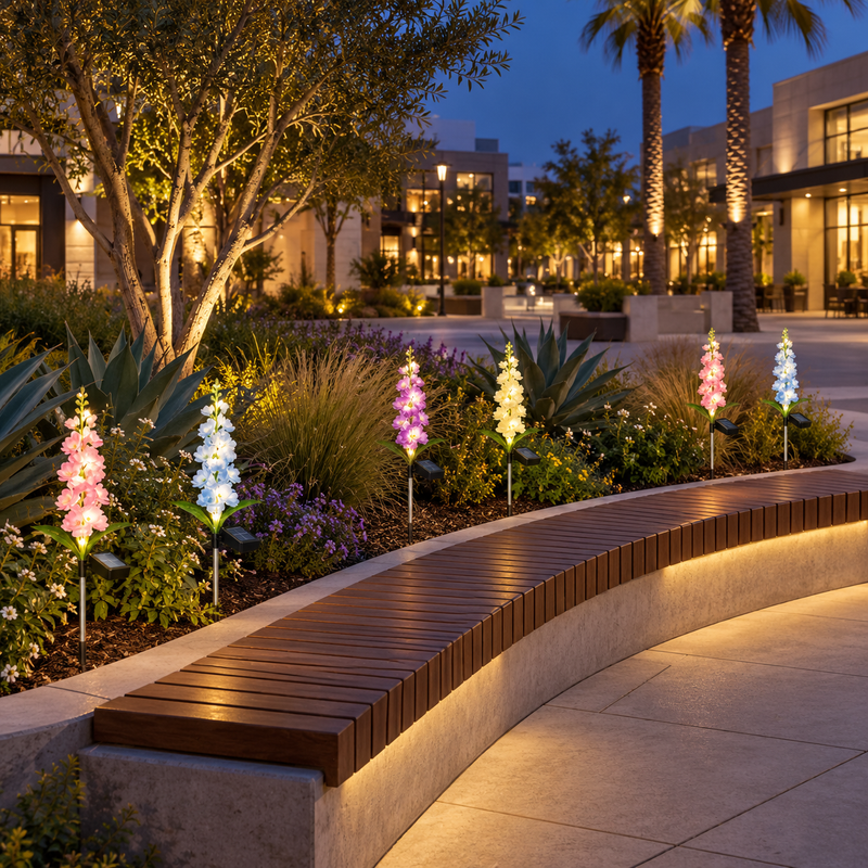 Solar delphinium flower lights accent a curved planting bed behind wooden public seating in a San Diego pedestrian plaza at blue hour.