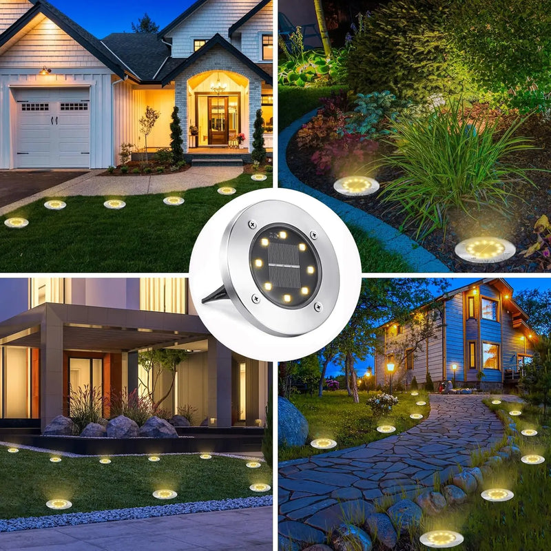Solar disk pathway light feature graphic showing daytime charging and automatic illumination after dark