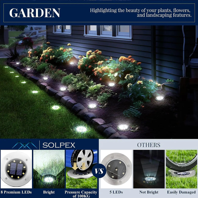 Solar disk light shown pressed into soil with its stake for flush, unobtrusive garden and pathway installation