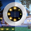 Close-up of the 8-LED ring on a solar disk light designed to spread low-level illumination around paths and garden borders