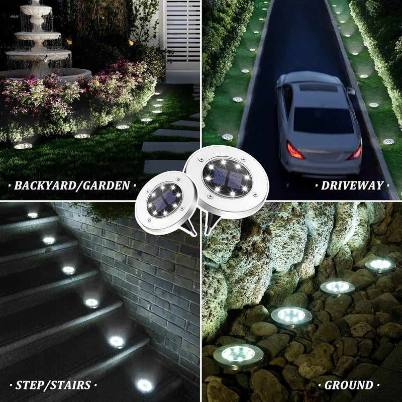 Low-profile solar disk lights placed along a driveway or pathway edge to improve nighttime visibility without above-ground fixtures