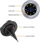 8-LED solar disk light labeled with solar panel, stainless steel plate, power switch and in-ground spike