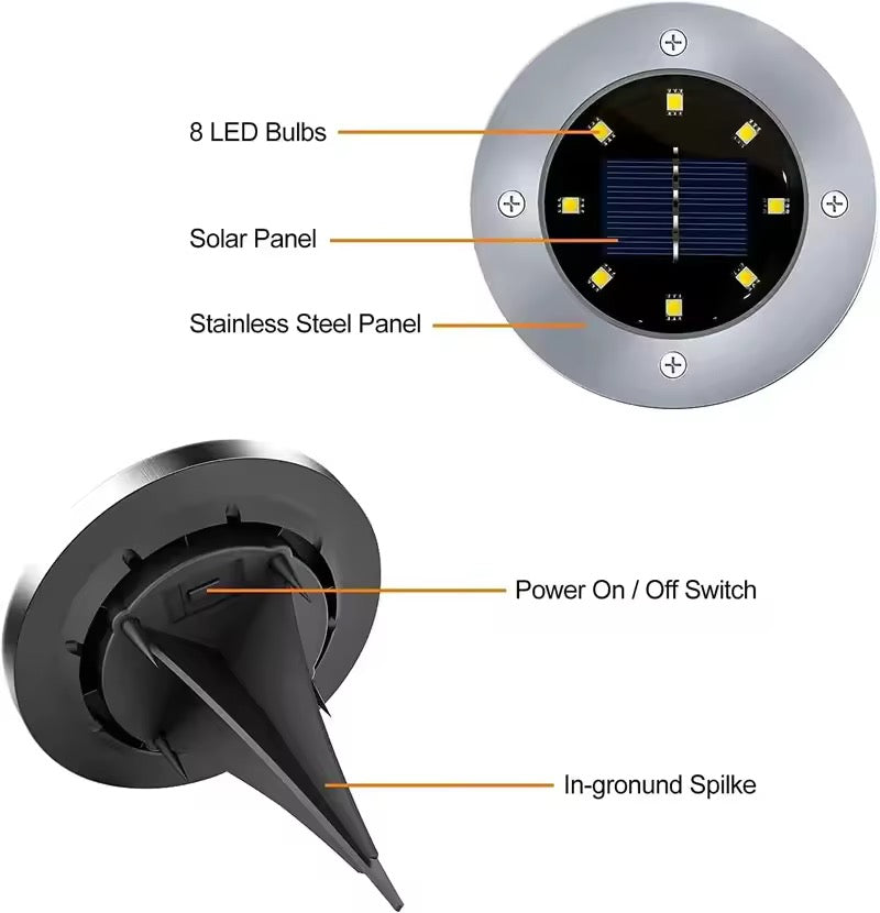 Solar disk pathway light shown with its removable ground stake for quick installation in lawns, flower beds and pathway edges