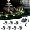 Multiple 8-LED solar disk pathway lights arranged as a set for larger garden, driveway and walkway lighting layouts