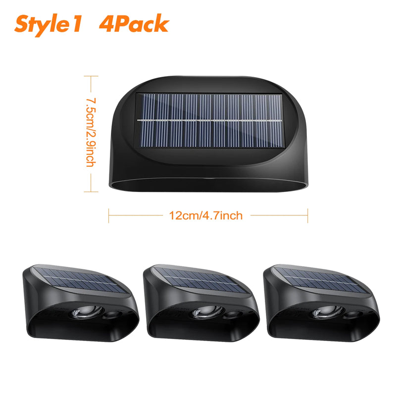 Solar fence light feature view showing the compact wall-mounted fixture with warm white and dynamic RGB lighting modes