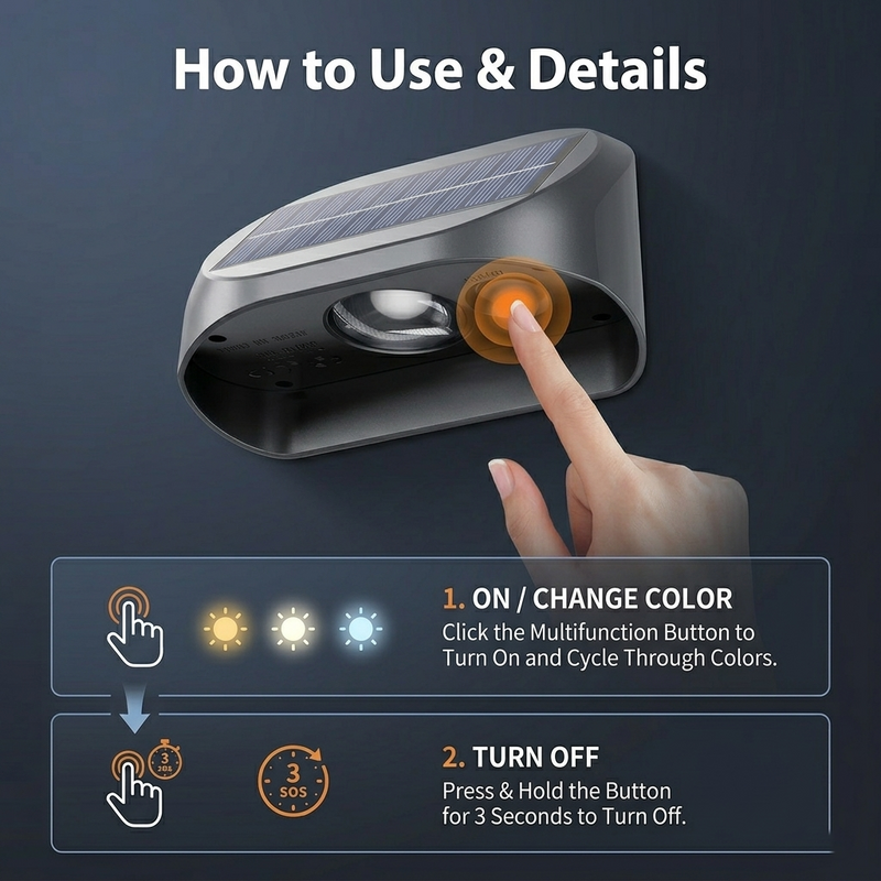 Solar fence light illuminated in warm white mode for functional accent lighting on an outdoor wall, fence or patio edge