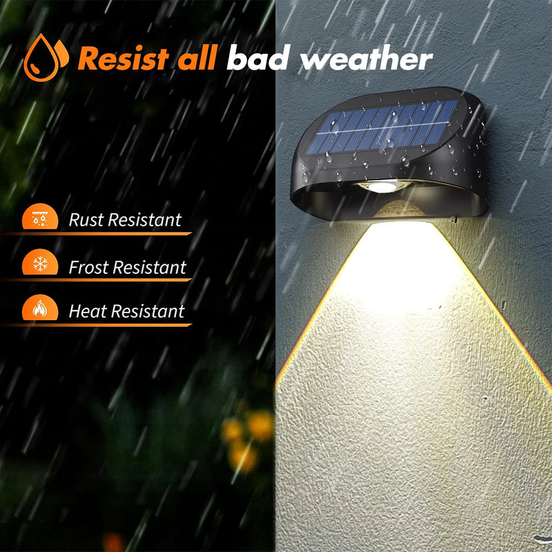 Solar fence light graphic comparing functional warm white illumination with colorful RGB decorative lighting