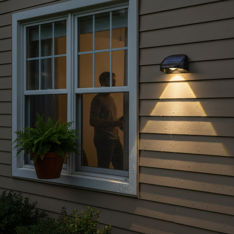 Warm white solar fence light mounted beside a residential window to illuminate exterior siding and nearby landscaping at night