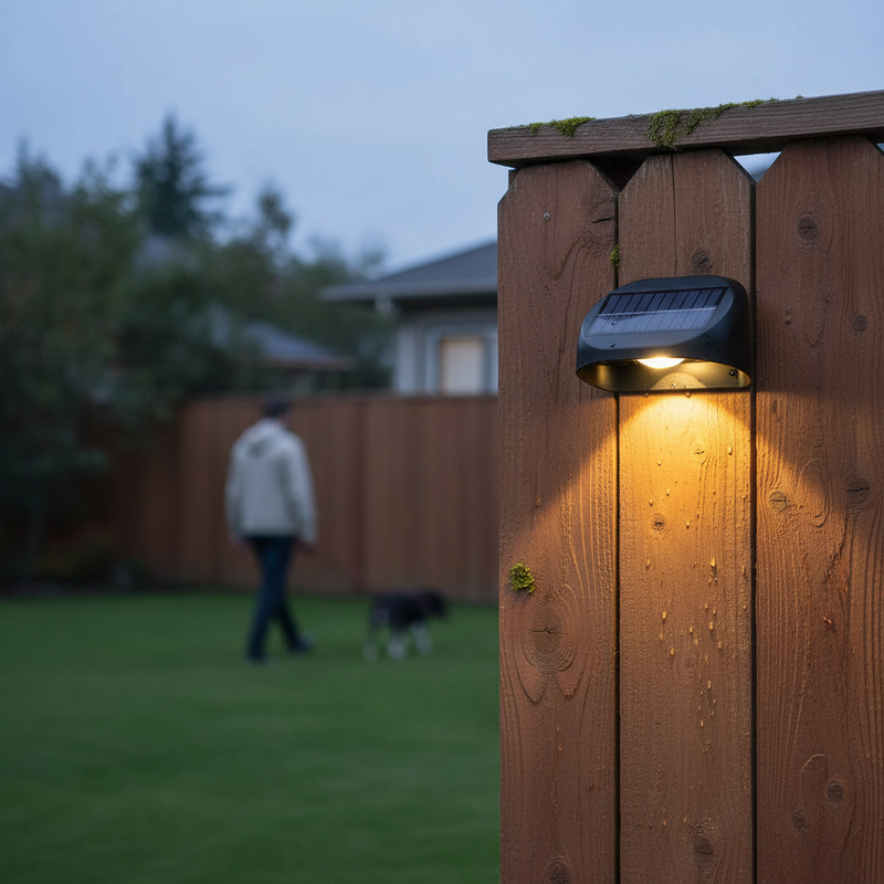 Warm white solar fence light mounted on a wooden backyard fence post for close-range garden and boundary accent lighting