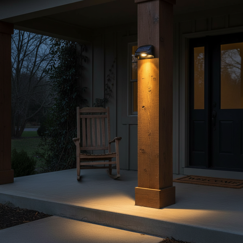 Warm white solar fence light mounted on a wooden porch column to illuminate the entry seating area without wiring