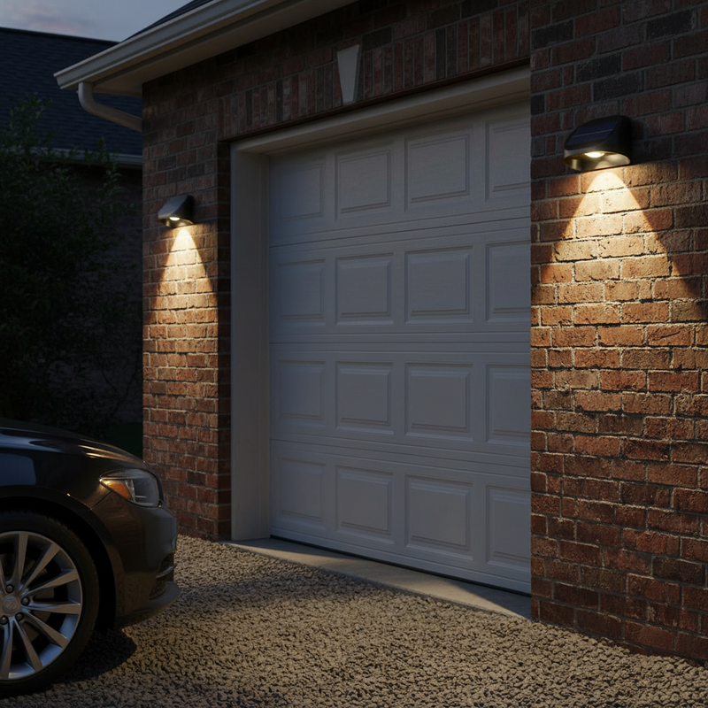 Dos luces solares blancas cálidas sobre ladrillo junto a una puerta de garaje para iluminar suavemente la entrada de noche