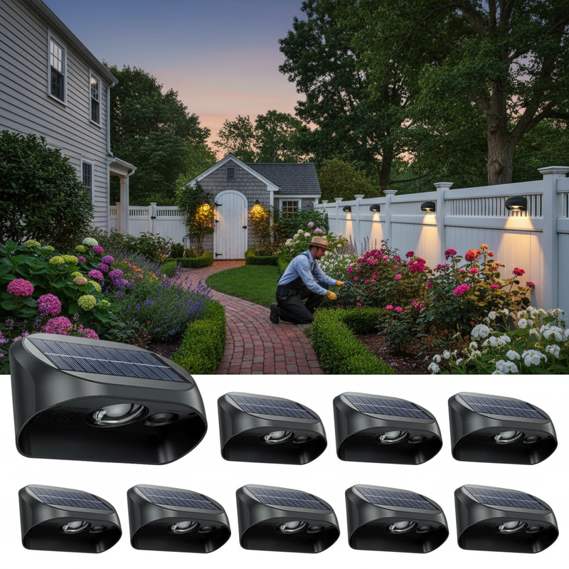 Solar fence lights illuminating the side yard and fence line of a colonial-style home after dark