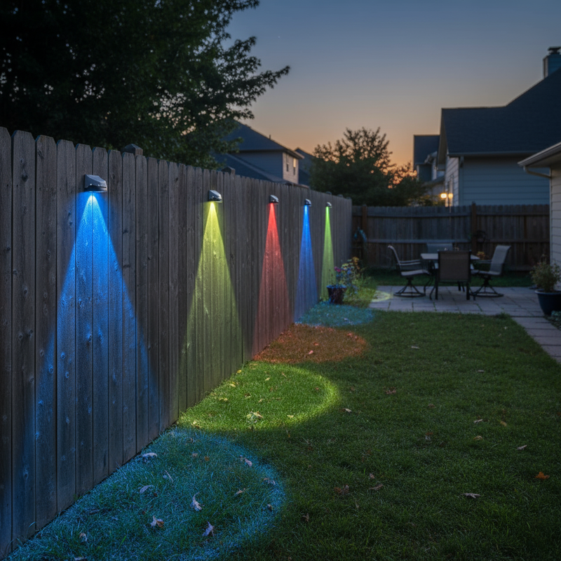 Solar fence lights illuminating suburban backyard wooden fence at dusk | NoxLumin