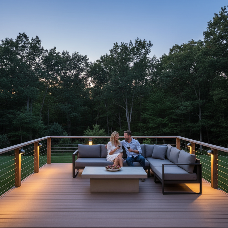 Solar fence lights illuminating a modern residential patio and boundary area at night with warm accent lighting