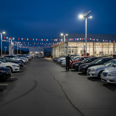 Solar flood light at car dealership