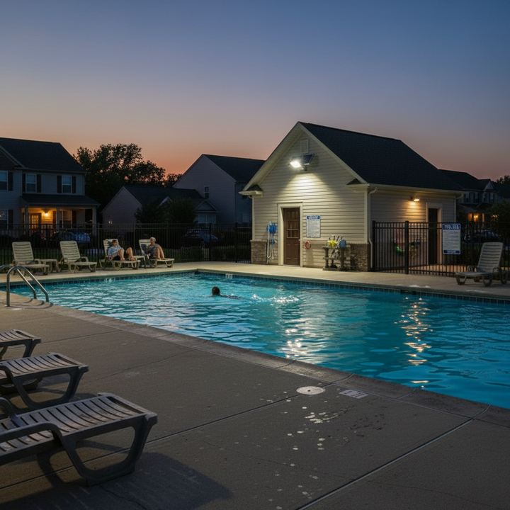 Solar flood light at community pool | NoxLumin
