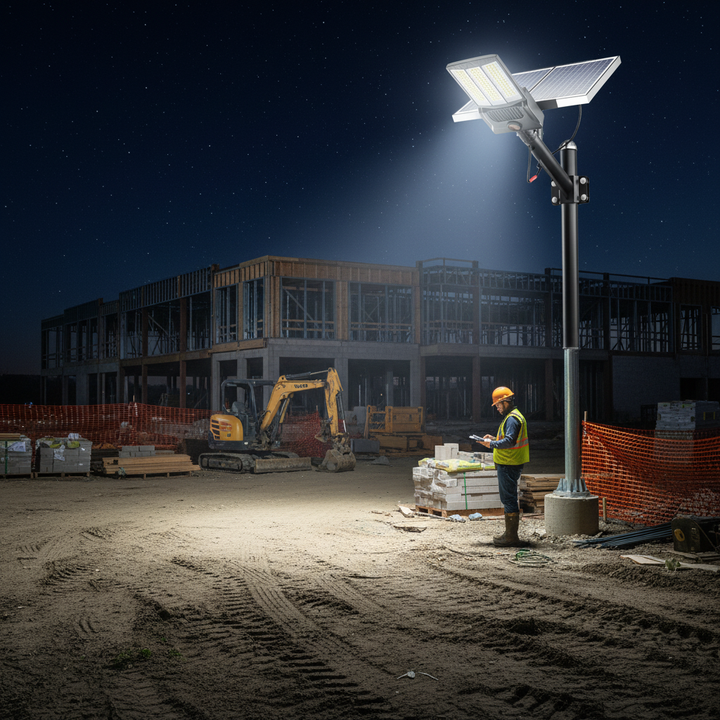 Solar flood light at construction site | NoxLumin