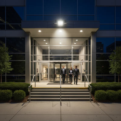 Solar flood light at office building entrance