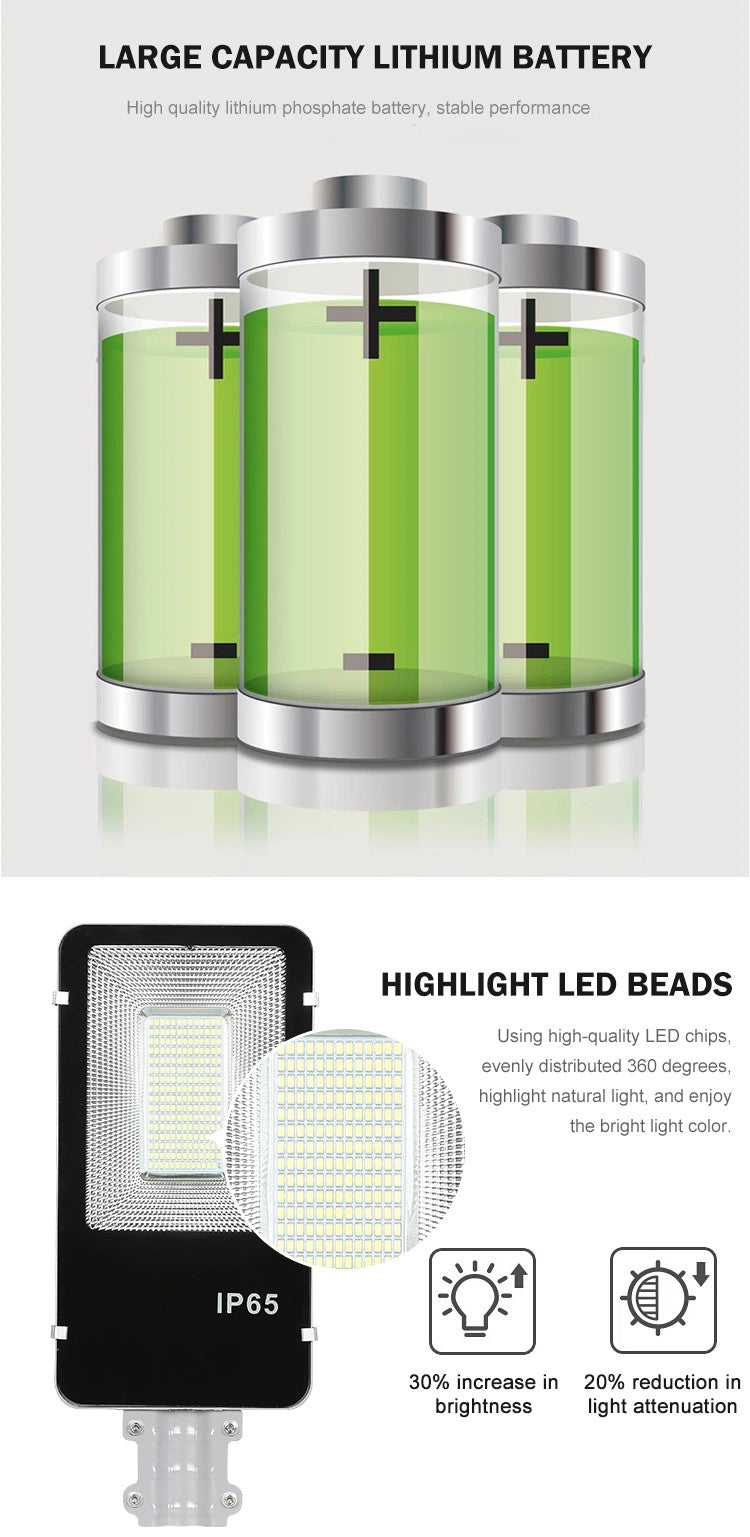 Solar-powered LED flood light mounted high on an exterior wall near a gate for wide nighttime security illumination