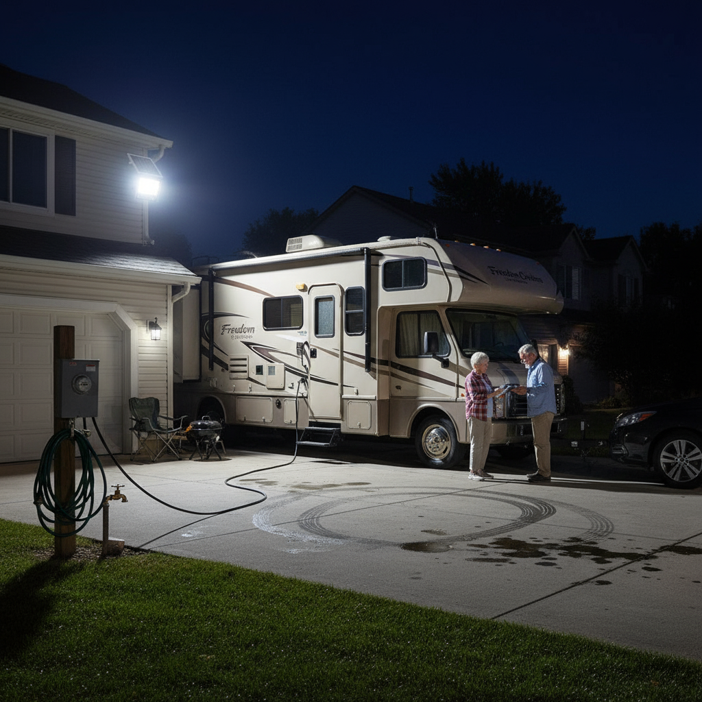 Solar flood light illuminating RV parking pad | NoxLumin