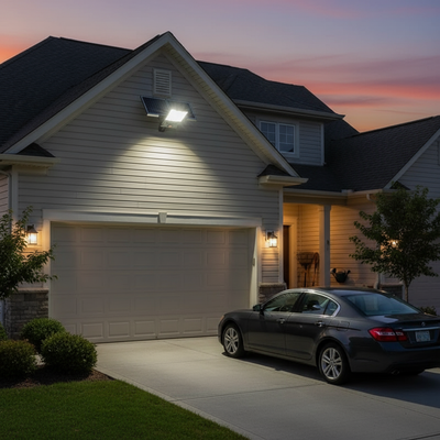 Solar flood light illuminating suburban driveway