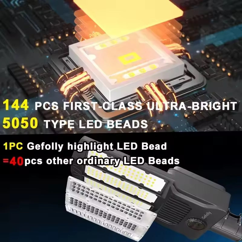 Close-up of the commercial solar flood light LED panel and reflector layout designed for high-brightness area lighting