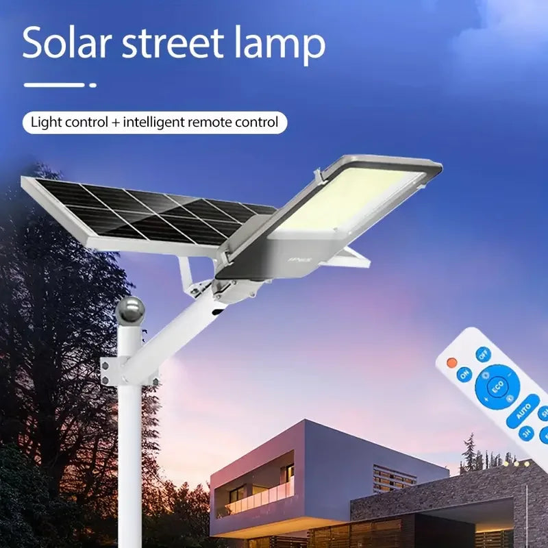 Outdoor solar flood light feature graphic showing remote-control functions for brightness, timing and nighttime operation