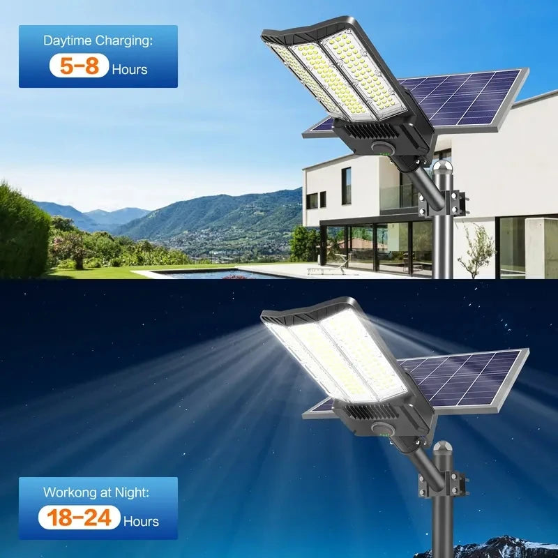 Commercial solar flood light shown with remote controls for brightness, timer and automatic nighttime lighting settings