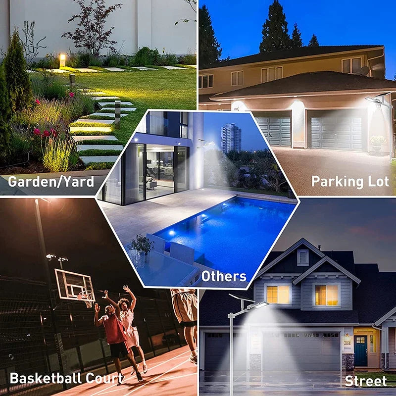 Foco solar exterior con ajustes por control remoto de brillo, temporizador y modos de iluminación