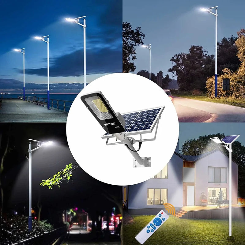 Split solar flood lighting system components showing the LED lamp, solar charging panel, cable and mounting accessories