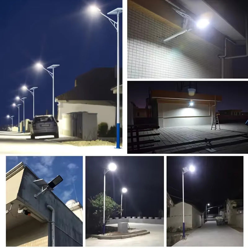 High-output solar flood light installation view showing an adjustable wall-mount bracket for aiming light outdoors