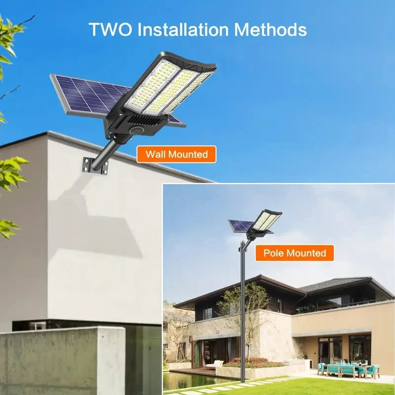 Weather-resistant solar flood light operating outdoors in wet conditions for year-round yard and security lighting