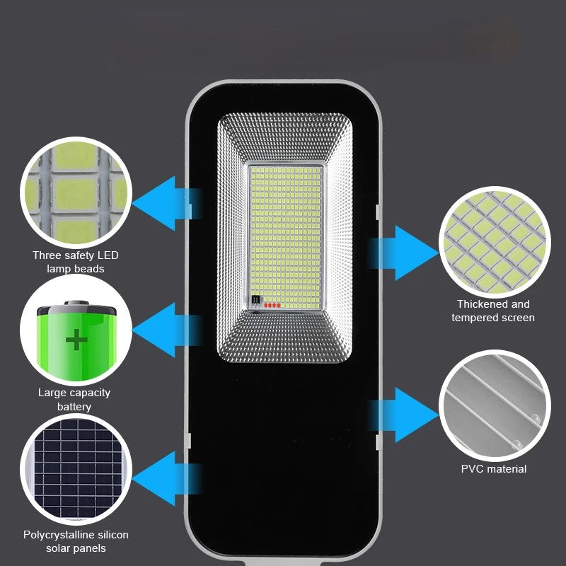 Foco solar de alta luminosidad proyectando un haz amplio sobre una pared exterior, patio o entrada de vehículos