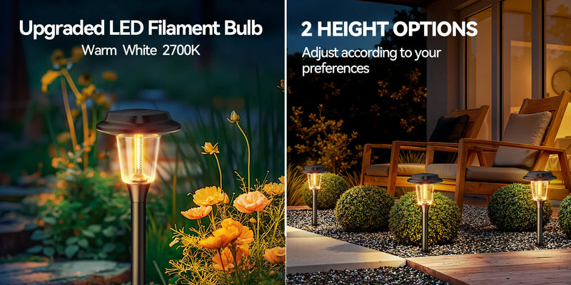 Solar garden light demonstrating a warm downward pool of light for nighttime visibility along lawns and walkways