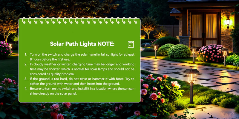 Multiple solar garden pathway lights arranged as a set for evenly spaced outdoor landscape and walkway illumination