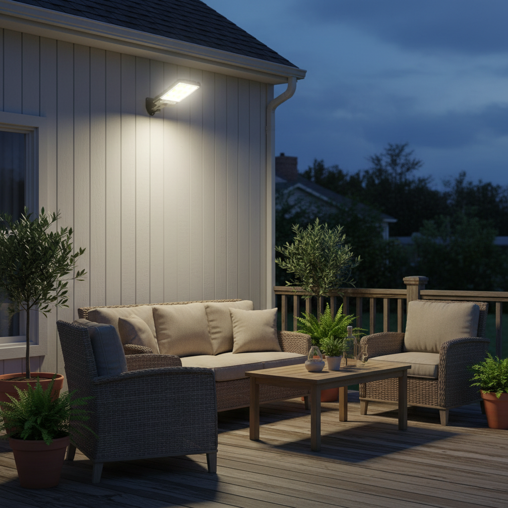 Solar lamp illuminating wooden deck with outdoor furniture | NoxLumin