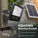 Solar LED floodlight with adjustable mounting bracket, separate solar panel, connection cable and installation hardware.
