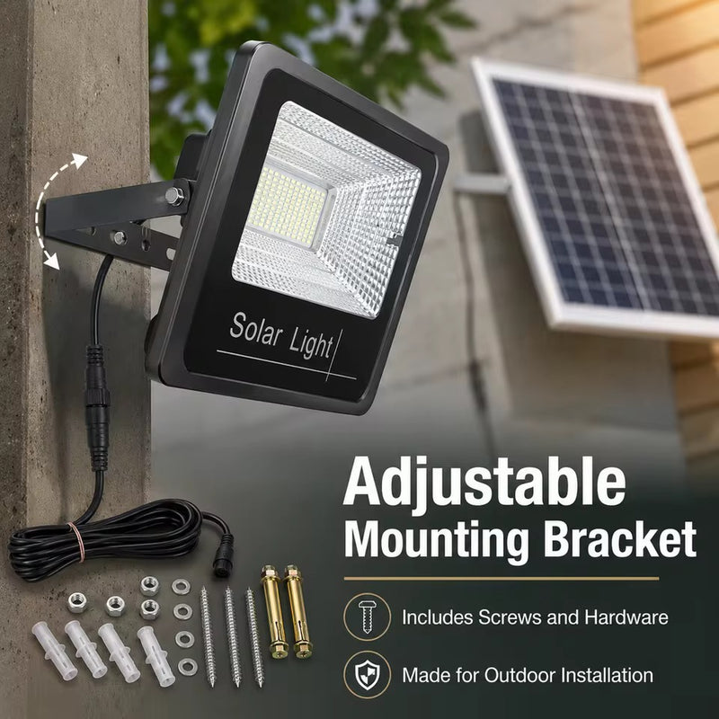 Solar LED floodlight with adjustable mounting bracket, separate solar panel, connection cable and installation hardware.